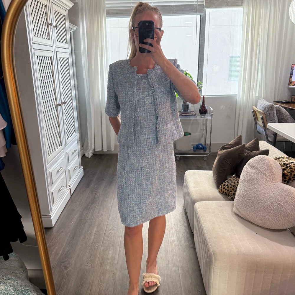 Chic Drapers & Damon’s tweed jacket and dress set